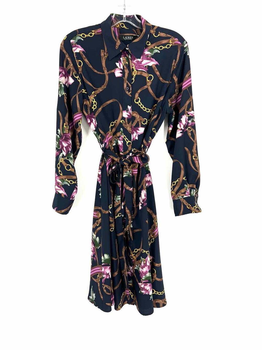 Lauren Ralph Lauren Size 10 Bl/Br/Pu Floral Belted Designer Dress
